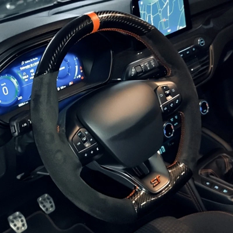 Antypoślizgowy czarny zamszowy pokrowiec na kierownicę z włókna węglowego do Ford Focus ST ST-Line 2019-2020 Fiesta ST ST-Line 2018-2019