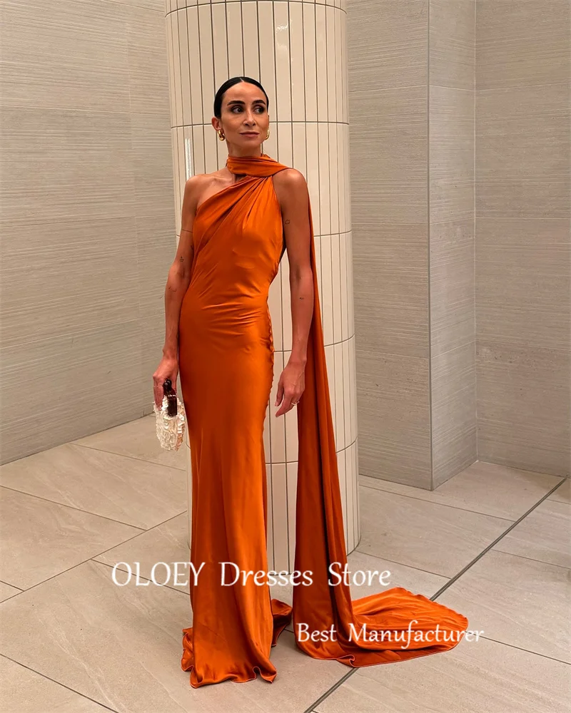 OLOEY Arabic Women Burnt Orange Silk Evening Dresses Wedding Party One Shoulder Scalf Mermaid Prom Gowns Formal Party Dress