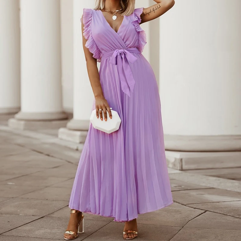 Women s Summer Casual Wrap V Neck Dress Ruffle Sleeve Pleated Tie Waist Dresses