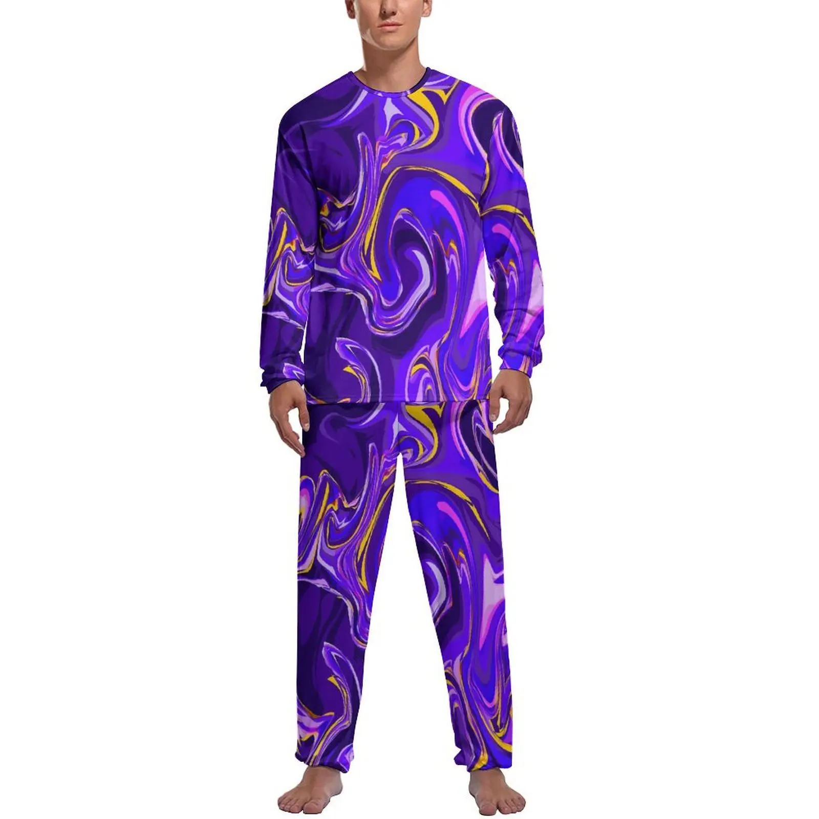 

Purple Marble Pajamas Liquid Design Male Long Sleeve Fashion Pajamas Set 2 Pieces Night Spring Custom Sleepwear Gift