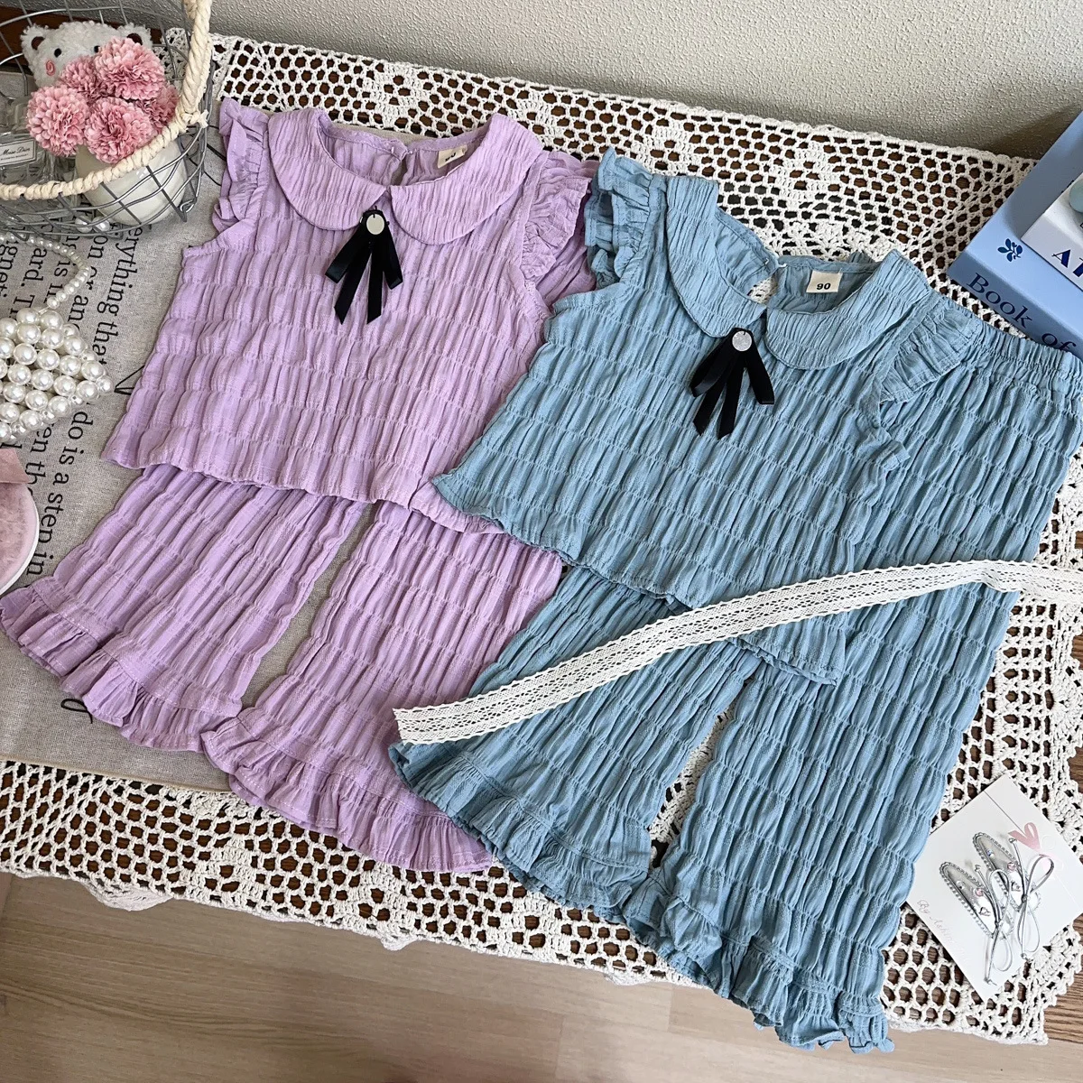 Girls Korean Summer Set 2025 New Children Stylish Texture Peter Pan Collar Vest Top Pants Two-piece Set