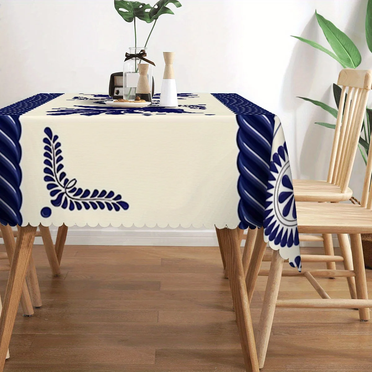 JIT, 1pc Mexican blue bird-and-flower pattern rectangular tablecloth, with fan-shaped edge polyester fabric, yzb