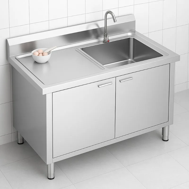 대용량 2도어 작업대 싱크대 304 201 작업 테이블 단일 볼 스테인리스 스틸 캐비닛 싱크대