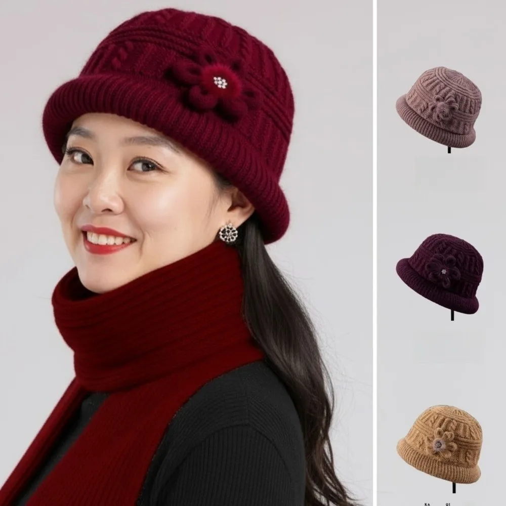 الحلو زهرة الأزهار محبوك قبعة بحافة اليدوية قبعة صوفية الكروشيه سميكة الدافئة صياد قبعة الملابس والاكسسوارات #3