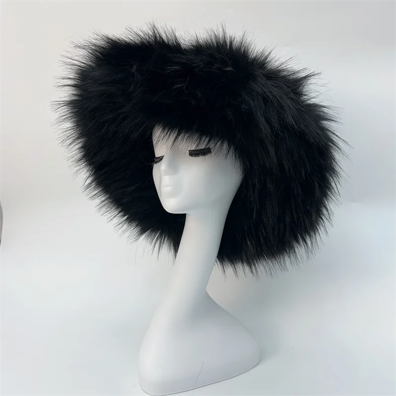 Winter Warm Plush Bucket Hat Women Oversize Earflaps Fluffy Faux Fur Hats Fashion Furry Raccoon Fur Cotton Hat Solid Color Hats