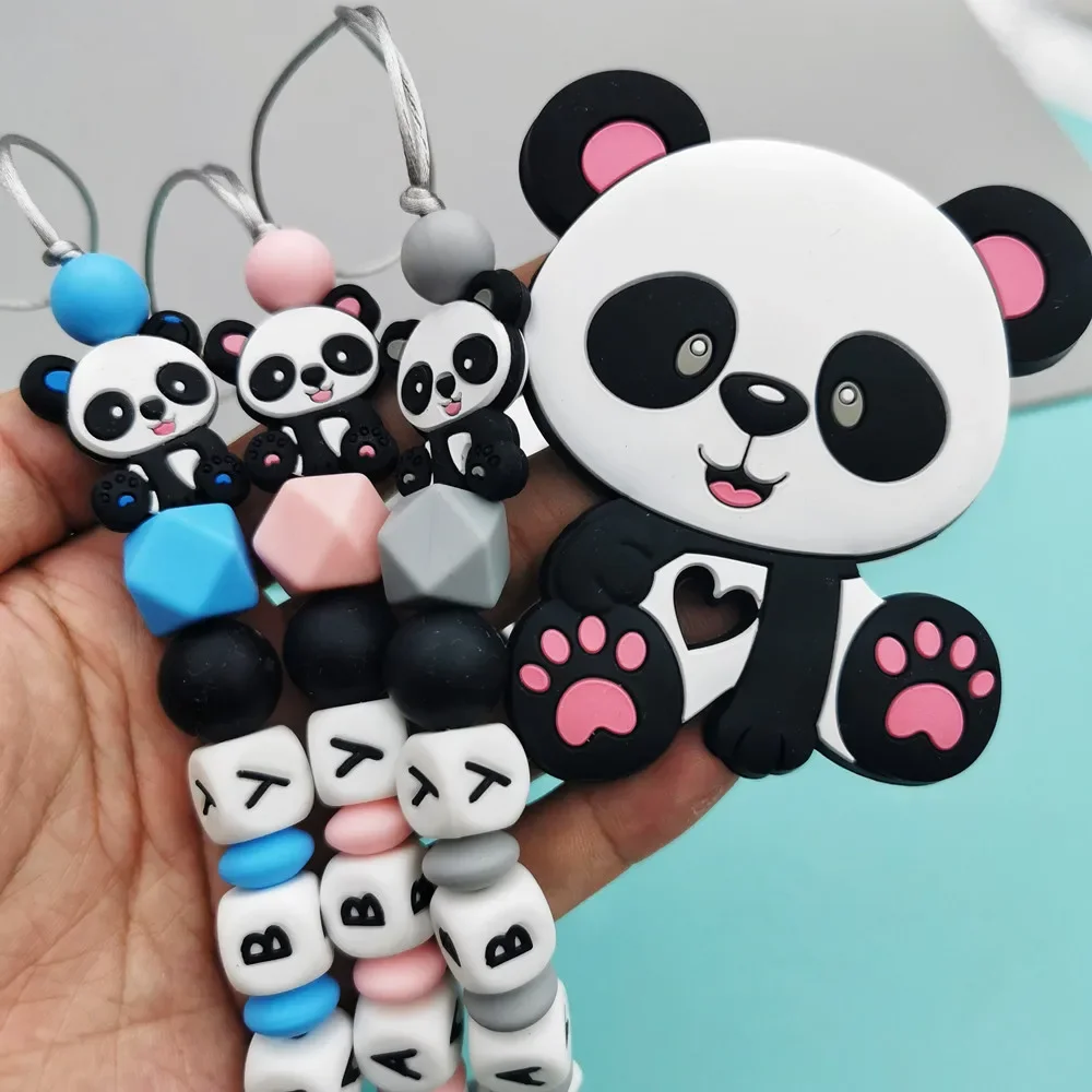 Custom English Russian Letters Name Baby Silicone Panda Pacifier Clips Chains Teether Pendants Baby  Teething Kawaii Toys Gifts