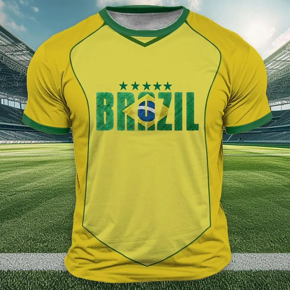 Brazil Flag Print T Shirt For Men Outdoor Sports Short Sleeve T-Shirts Casual Round Neck Loose Tops Summer Trend Men\'s Clothing