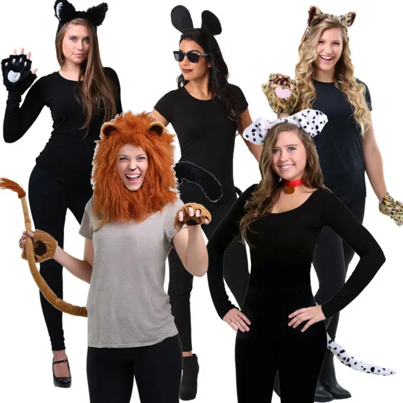 Animal Costumes Props Accessories Halloween Party Cosplay Costumes Black Cat Cheetah Mouse Lion Dog Suit Headgear Tails