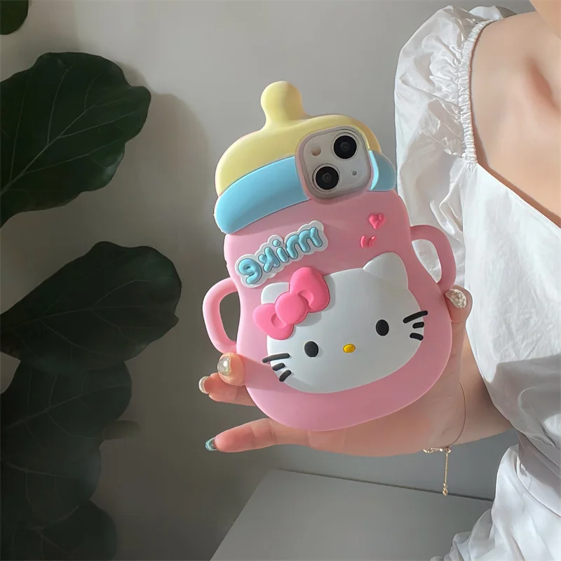 Feeder Hello Kitty feeding bottle Phone Case for iPhone 15 14 13 12 11 Pro Max Sanrio Cat Pink 3D Soft silicone Cover Funda