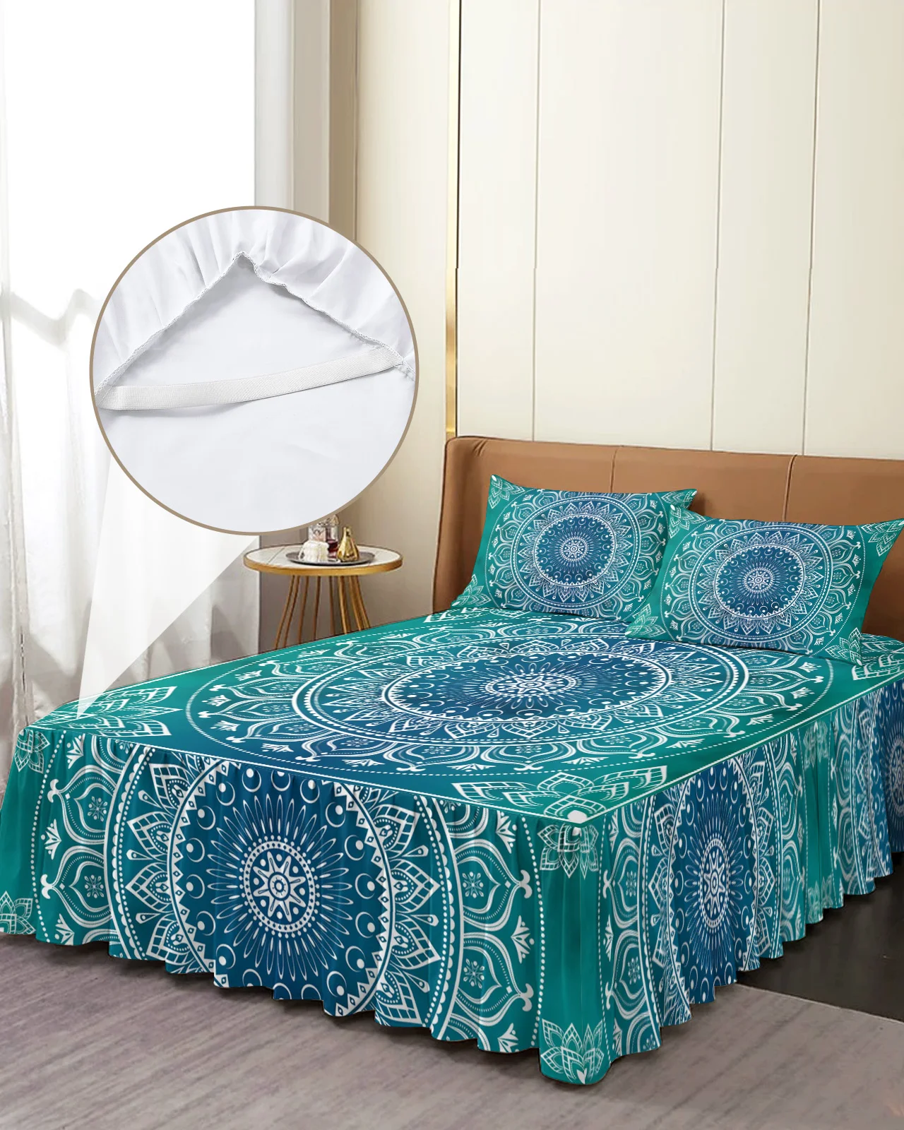 Mandala Ethnic Bed Skirt Elastic Fitted Bedspread With Pillowcases Bed Protector Mattress Cover Bedding Set Bed Sheet