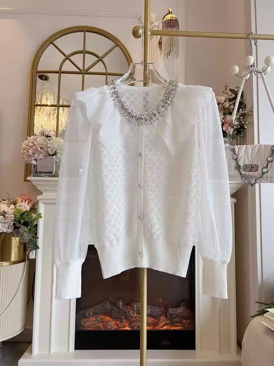 New In Autumn 2024 Diamonds Stitch Knitted Cardigan Women\'s Rhinestones Slim Fit Chiffon Spliced Long Sleeve Thin Sweater Coat