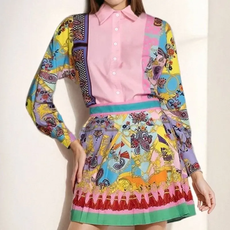 Bohemian unique design sense printed laple collar bubble sleeves shirt+high waist slim fit pleated skirt  women two piece set