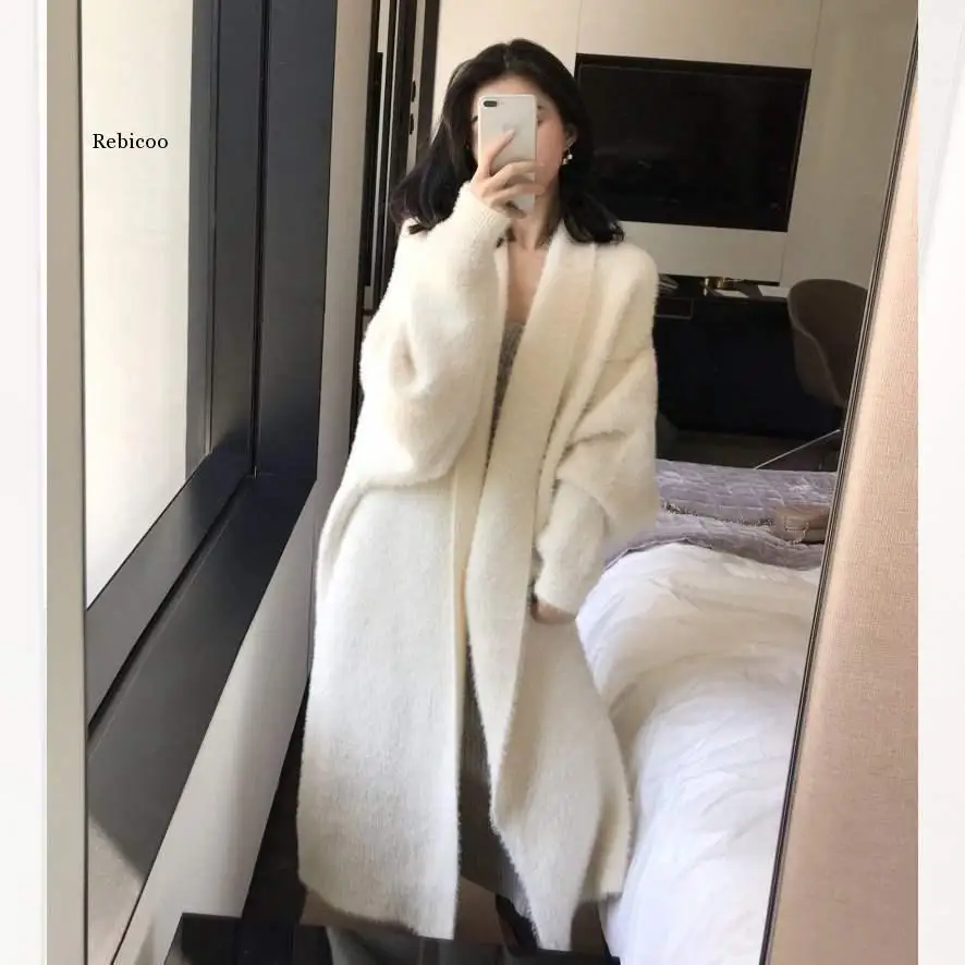 Autumn winter NEW lazy wind white mink cashmere knitted cardigan long loose sweater coat female thickened