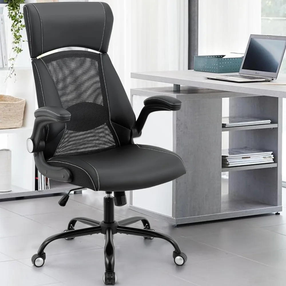 

Office Chair, High Back Leather Executive Chair, Home Desk Mesh Chair, Computer Chair with Flip-Up Arm