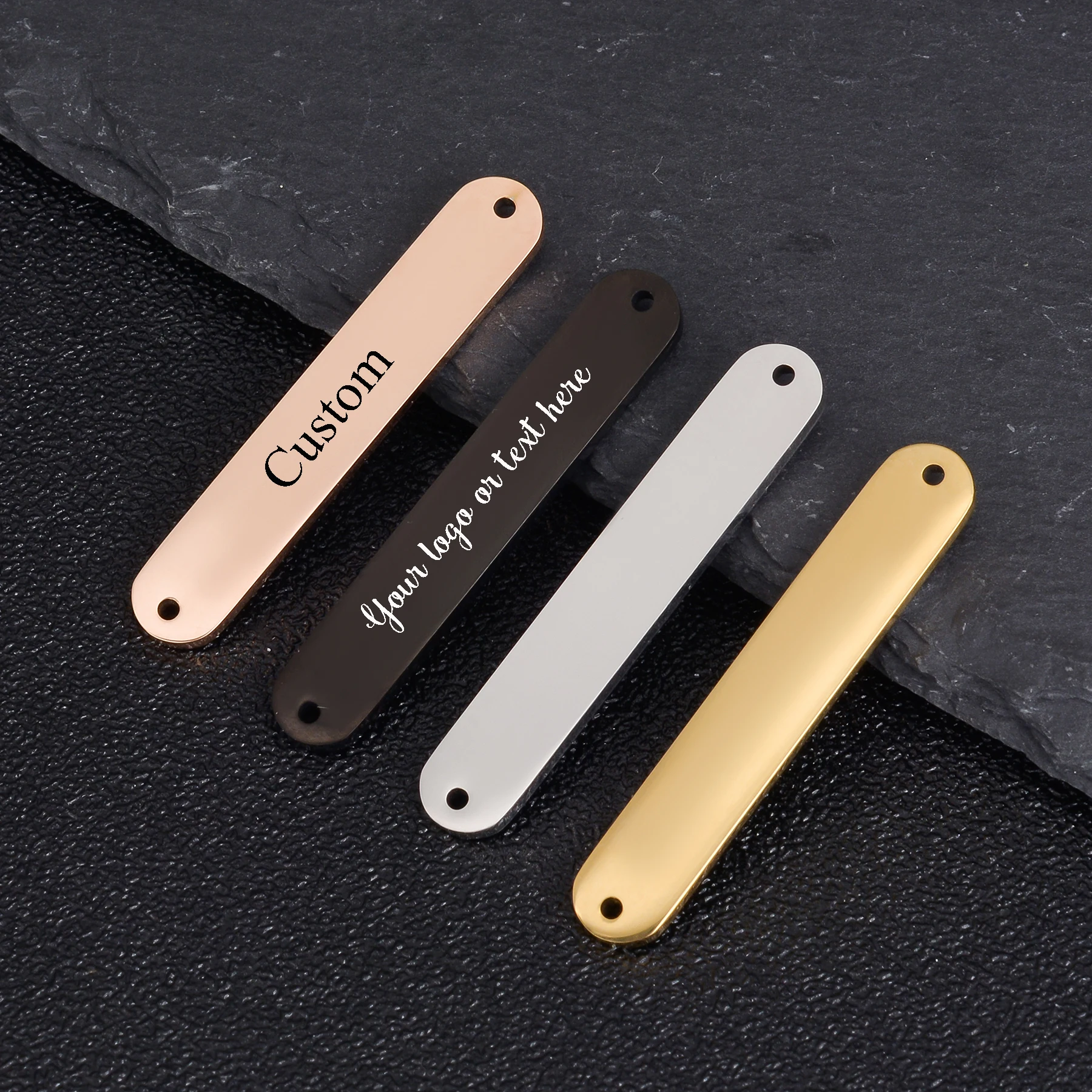 Customize logo 5pcs/lot Mirror Polished Stainless Steel Two Hole Rectangle Bar Connector Stamping Charms For Bracelet Necklace