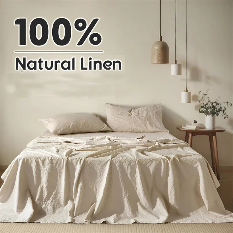 Washed Linen Bedding Set Twin Full Double Queen King Size Bed Sheet Set Flax Duvet Cover Sheet Pillowcase Wrinkle-Resistant