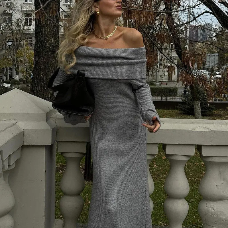 

Elegant Sexy Slash Neck Knitted Long Dress Women Off Shoulder Long Sleeve Lady Knitwear Hip Package Robe