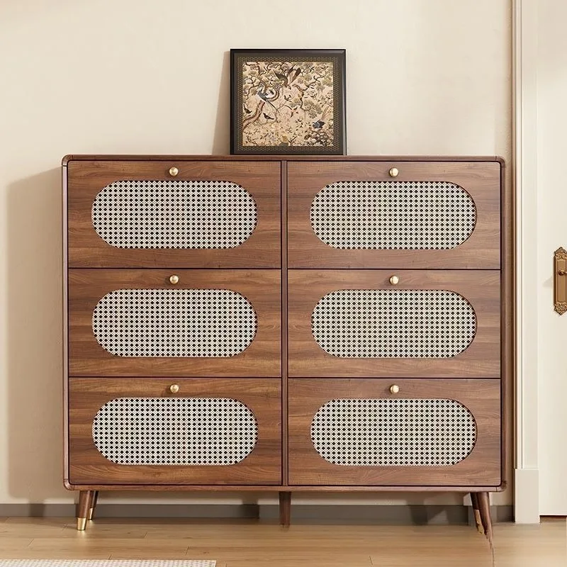 

Shoe cabinet New Chinese-style solid wood bar rattan at the entrance of the home Modern simple balcony storage cabinet