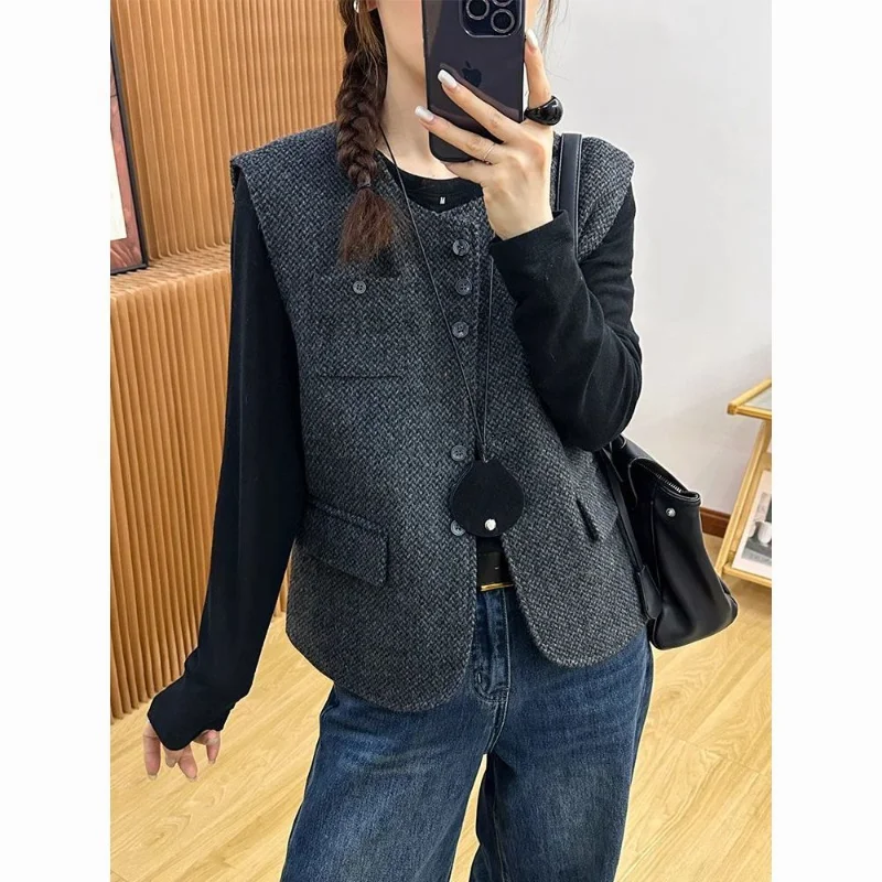 High-quality Quilted Woolen Vest Jacket for Women 2025 Autumn and Winter New Spliced   button Fashion Solid Color Top