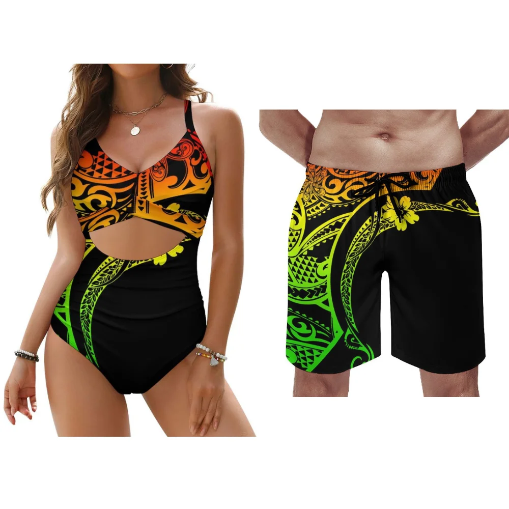 Polynesian Custom Beach คู่ลูกไม้ชุดบิกินี่ผู้ชายกางเกงว่ายน้ําผู้หญิง Push Up ชุดว่ายน้ําฤดูร้อนวันหยุด