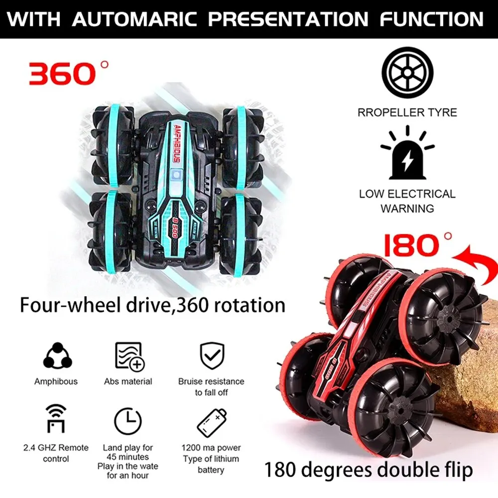 Anfíbio Controle Remoto Stunt Car, Double-Sided Flip Vehicle, Driving Drift, Brinquedos ao ar livre para meninos, Presente elétrico