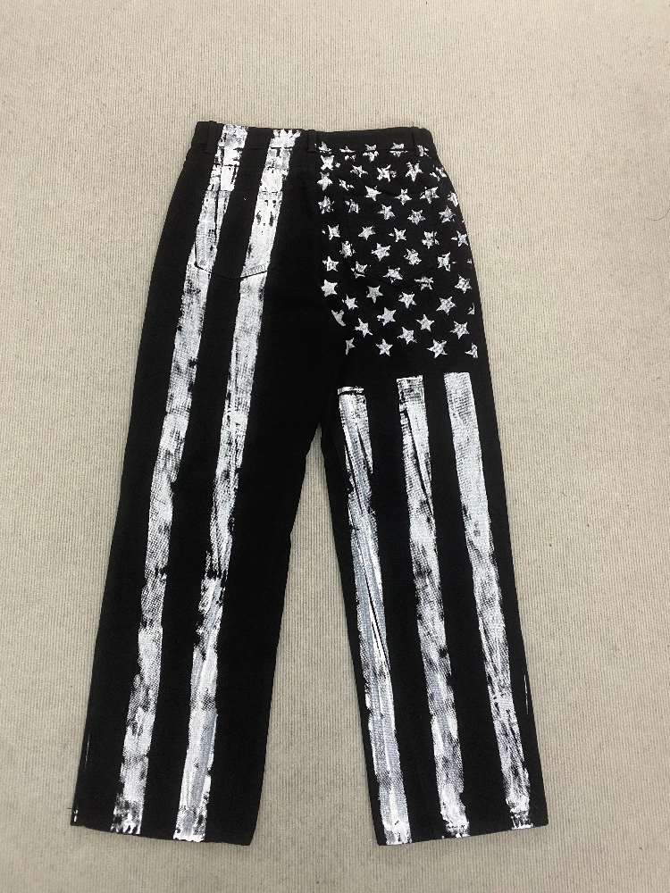 

Black and white striped contrasting jeans straight leg pants with national flag and star pattern personalized winter