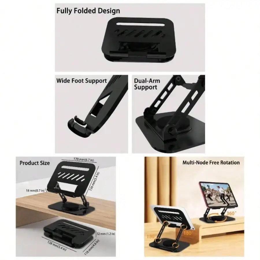 

Tablet Stand, 360 Rotation Dual - Arm Support Holder Office Desk Accessories, Foldable Holder Travel Accessories Desk Men Gifts Fits All 4 - 16 Inch Tablet Black Compatible With IPhone, Android Phone, Gift For Birthday, Family, Friends Gifts Birthday Phon