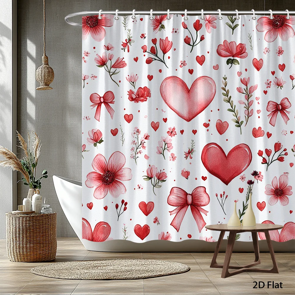 1pc Heart-shaped bow patterned shower curtain, machine washable fabric, with hooks, suitable for bathroom decoration.