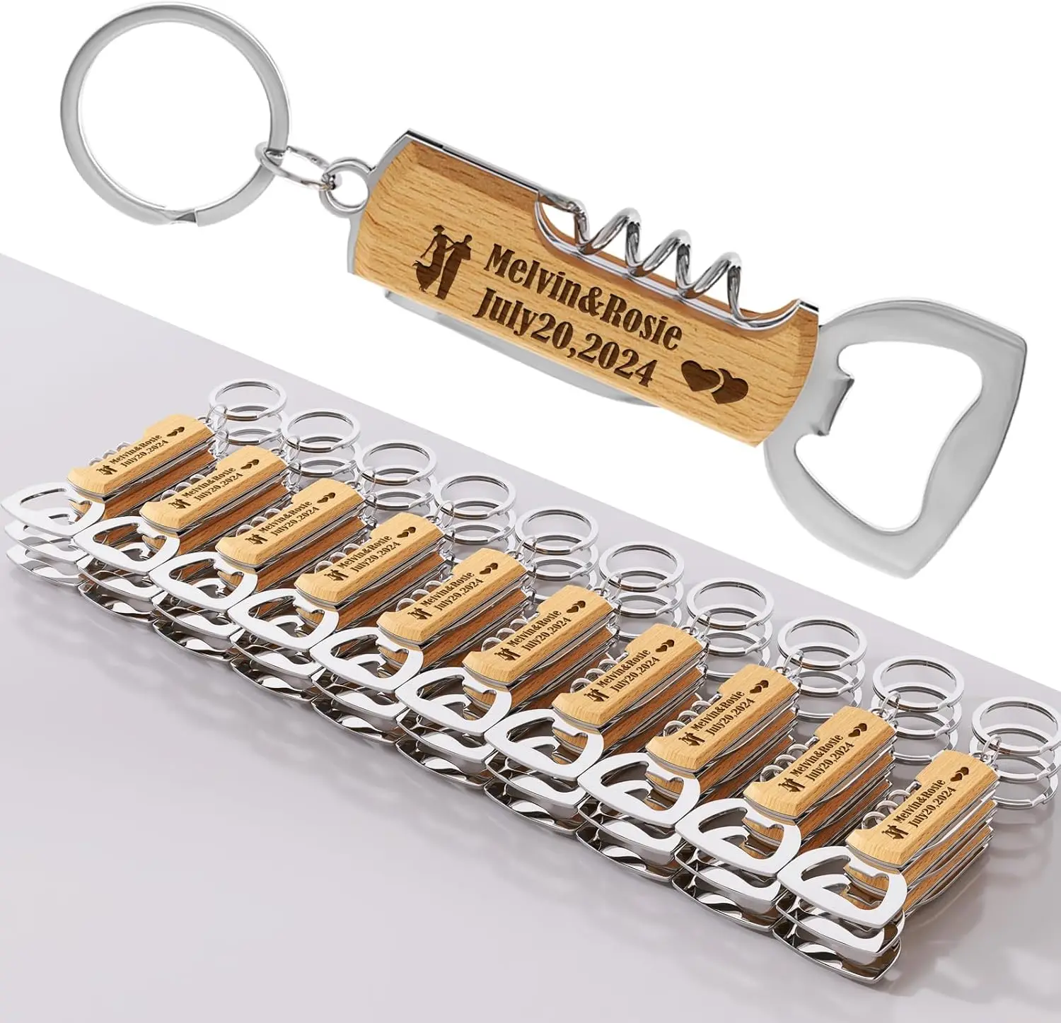 

30PCS Personalized Wooden Bottle Opener Keychains for Wedding Party Favors, Customized Birthday Gifts