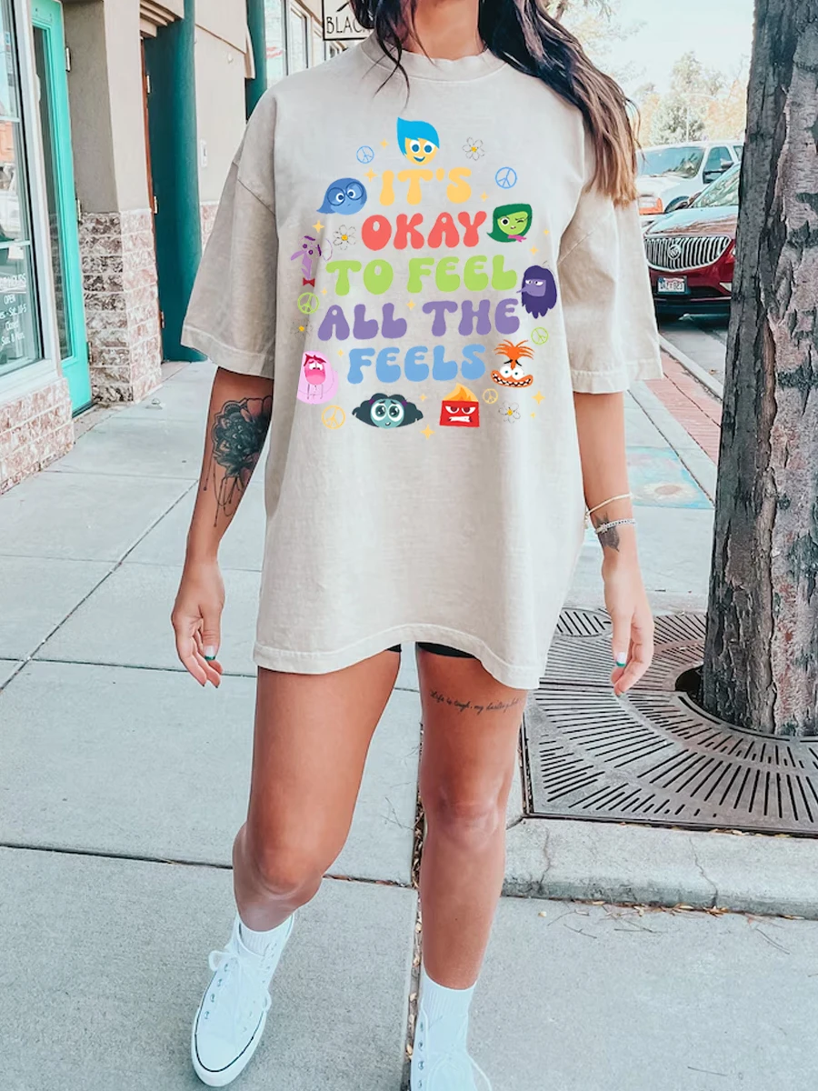 

Cute Style Colorful Letters Small Elements Print Women's T-Shirt Loose Wash Oversized Mid Sleeve Summer 2024 Fashion Design Top