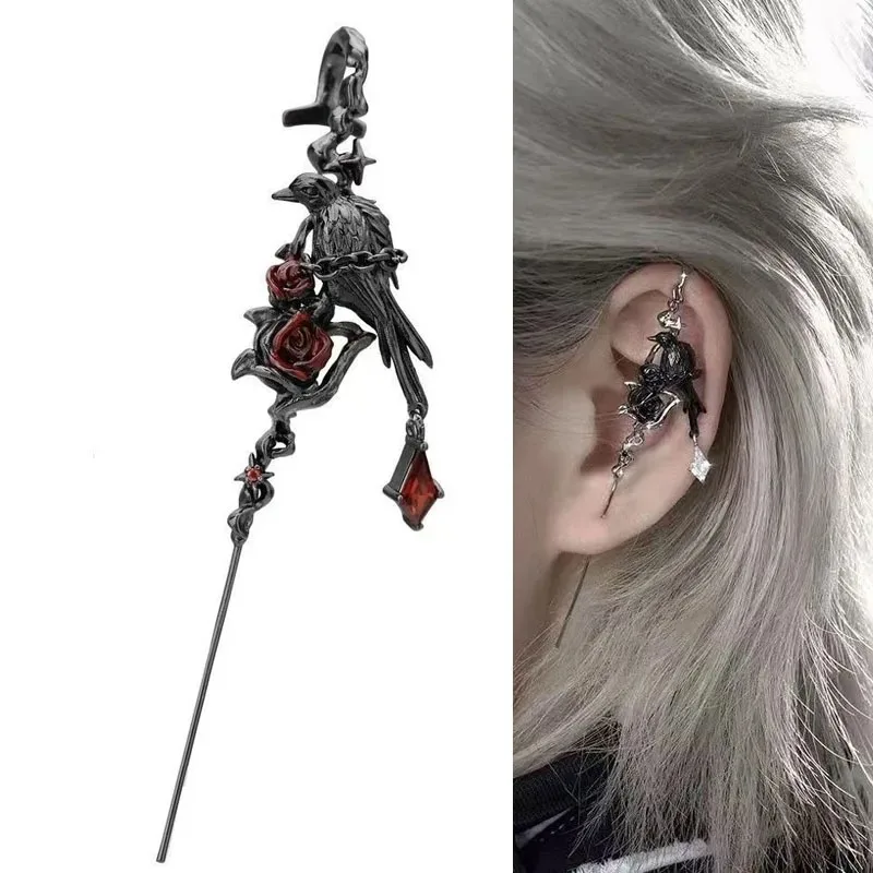 1Pcs Puncture Gothic Thorn Rose Crow Earring for Girl Punk Jewelry Goth Stud Earrings Puncture Halloween Party Accessories 2025