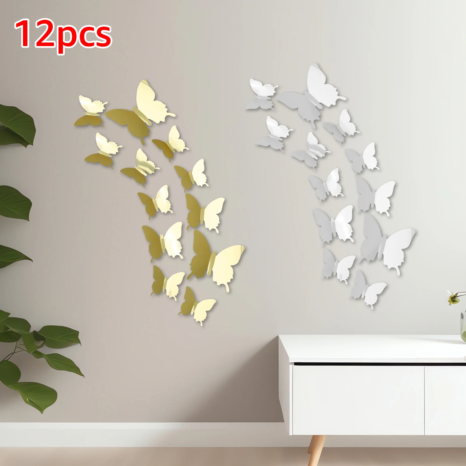 12pcs 3D Butterfly Wall Decor 3D Mirror Effect Butterfly Wall Stickers 3 Sizes Self-Adhesive 3D Butterfly Stickers Wall Decals