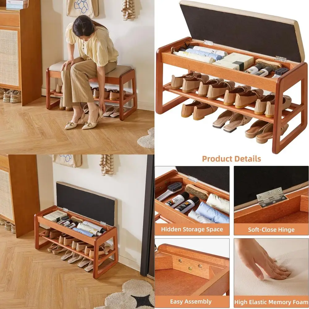 

Cherry 2-Tier Flip-Top Shoe Bench with Cushion, 31.5in Storage Rack for Entryway, Living Room YD-WD061C