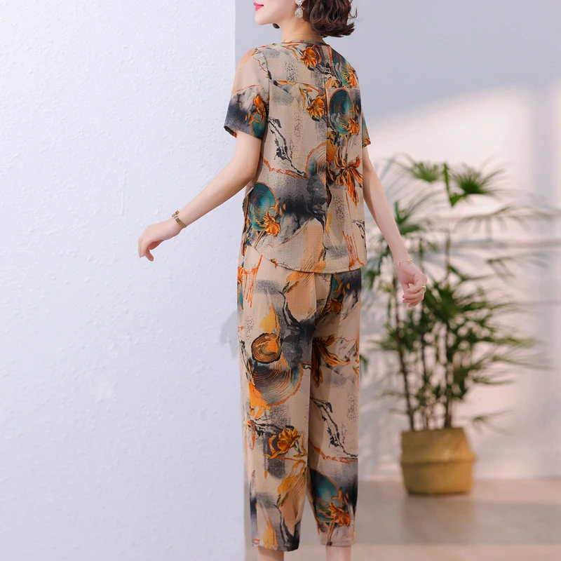 Summer Elegant Sets for Women 2 Pieces 2024 Casual Loose Vintage Print Pants Sets Female Clothing High Quality