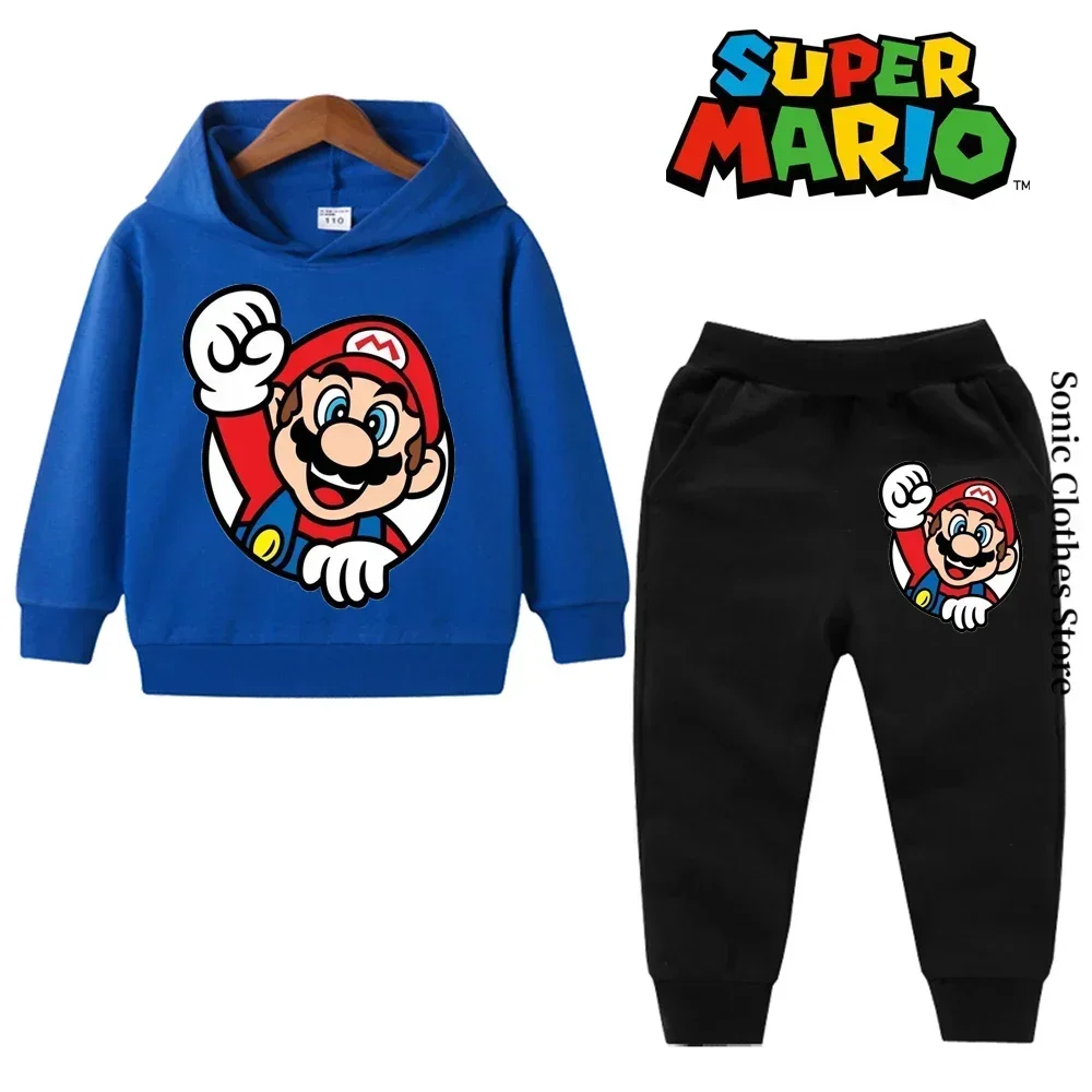 Conjunto de moletom Super Mario infantil, capuz esportivo, blusa e calça, roupa casual, presente do 5 ° aniversário, 2 peças