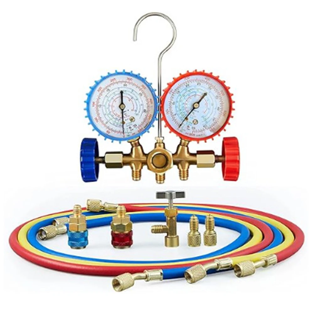 R22/R134a/R410a/R404a Manifold Gauge Set Air Conditioning Pressure Gauge W/ Hose & Hook 3 Way AC Diagnostic Manifold Gauges Set