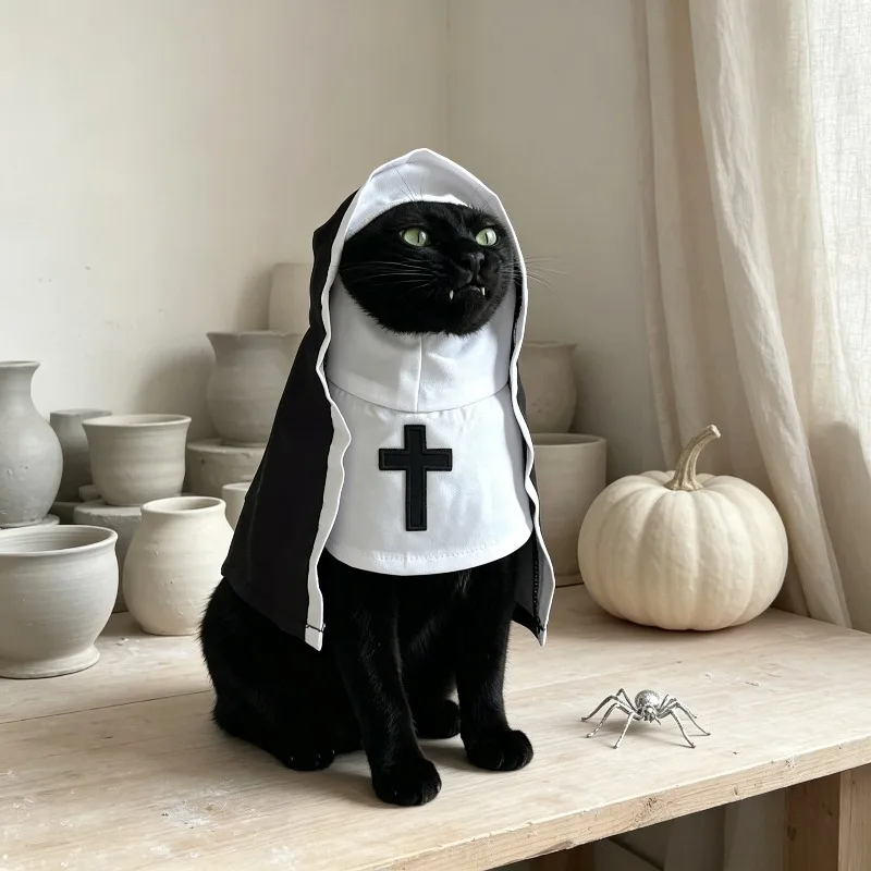 Lustiges Nonnenkostüm für Katzen und Hunde, Schwarz-Weißer Kreuzrock, Halloween-Party, Fotoshooting, Rollenspiel-Kostüm – Detail 6