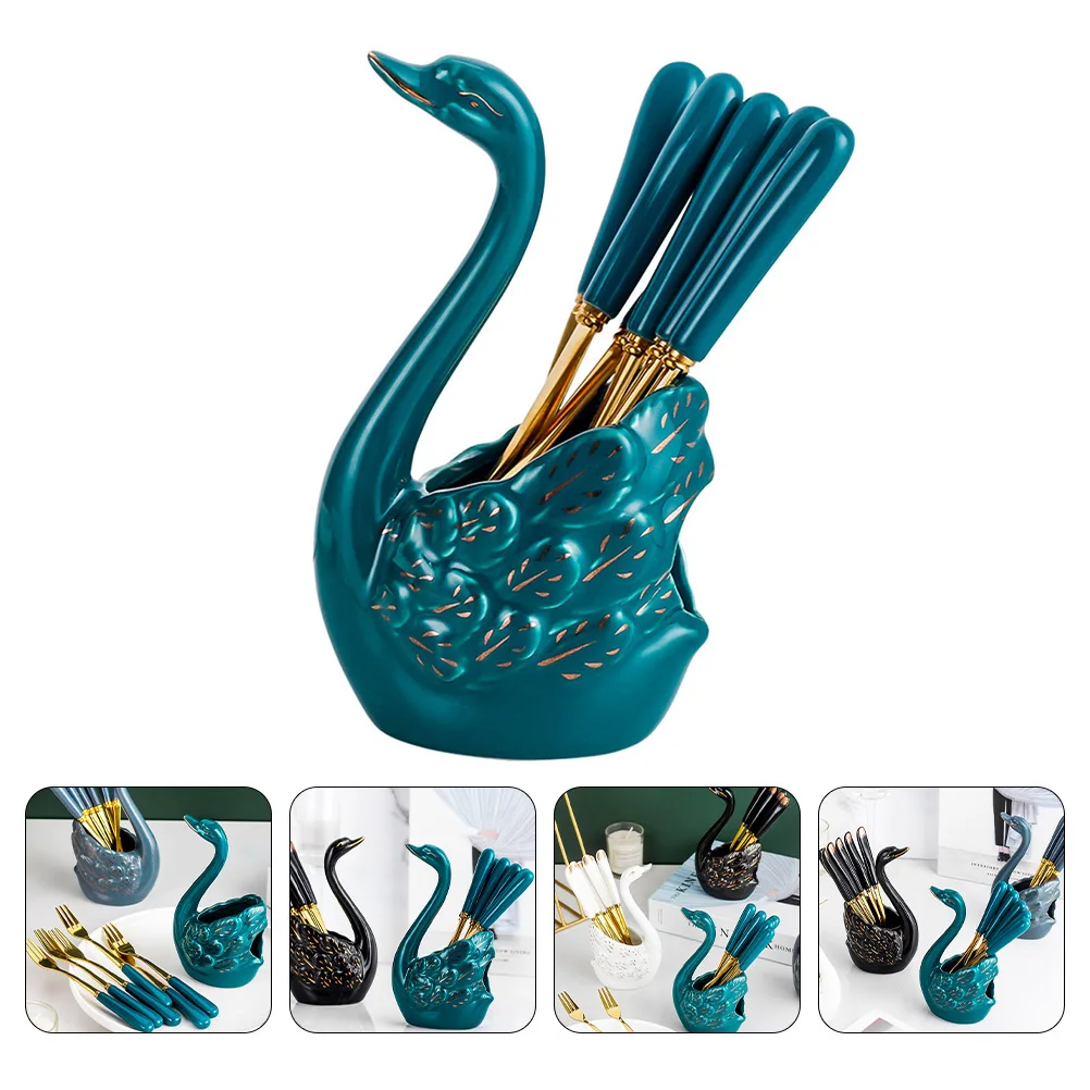 مجموعة واحدة من شوك الفاكهة المصنوعة من الفولاذ المقاوم للصدأ وحاوية تخزين سيراميك أنيقة على شكل بجعة للمقهى المنزلي