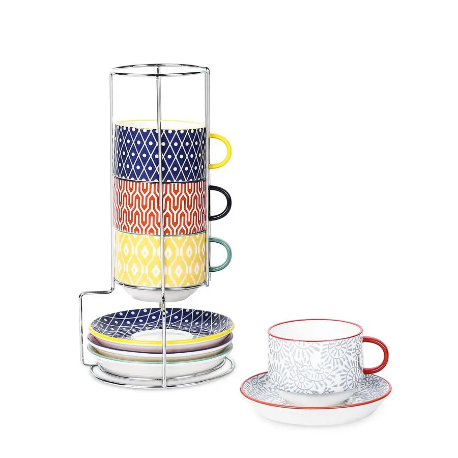 

Ceramic Cappuccino Cups with Saucers and Metal Stand, 8 OZ Stackable Espresso Coffee Cups for Coffee, Latte, Americano, Tea, Set