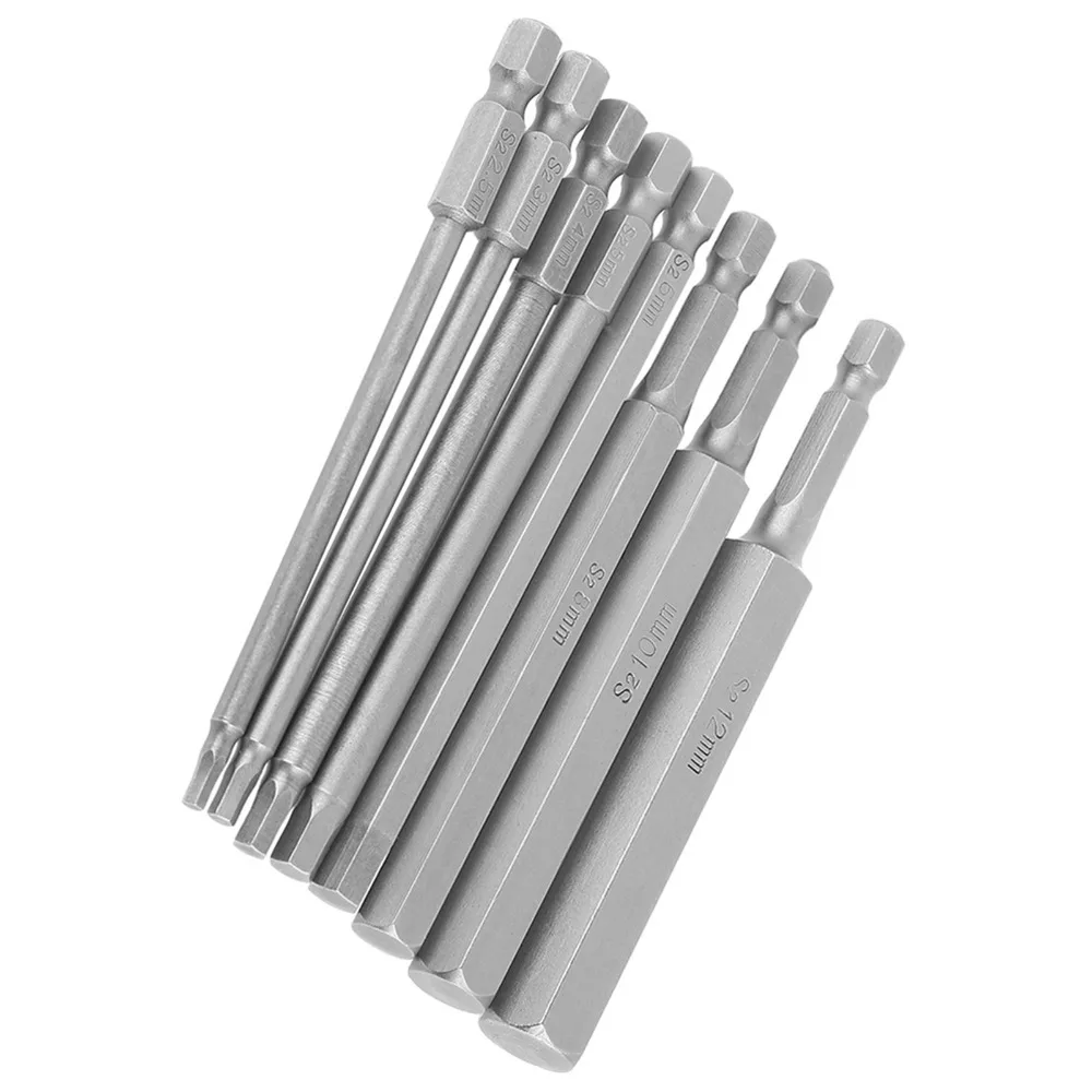 

8 Pcs 1/4 Inch Hex Shank Hex Head Allen Wrench Bit Set 100mm Length S2 Steel Hex Bit Power Bits Magnetic 2.5/3/4/5/6/8/10/12mm