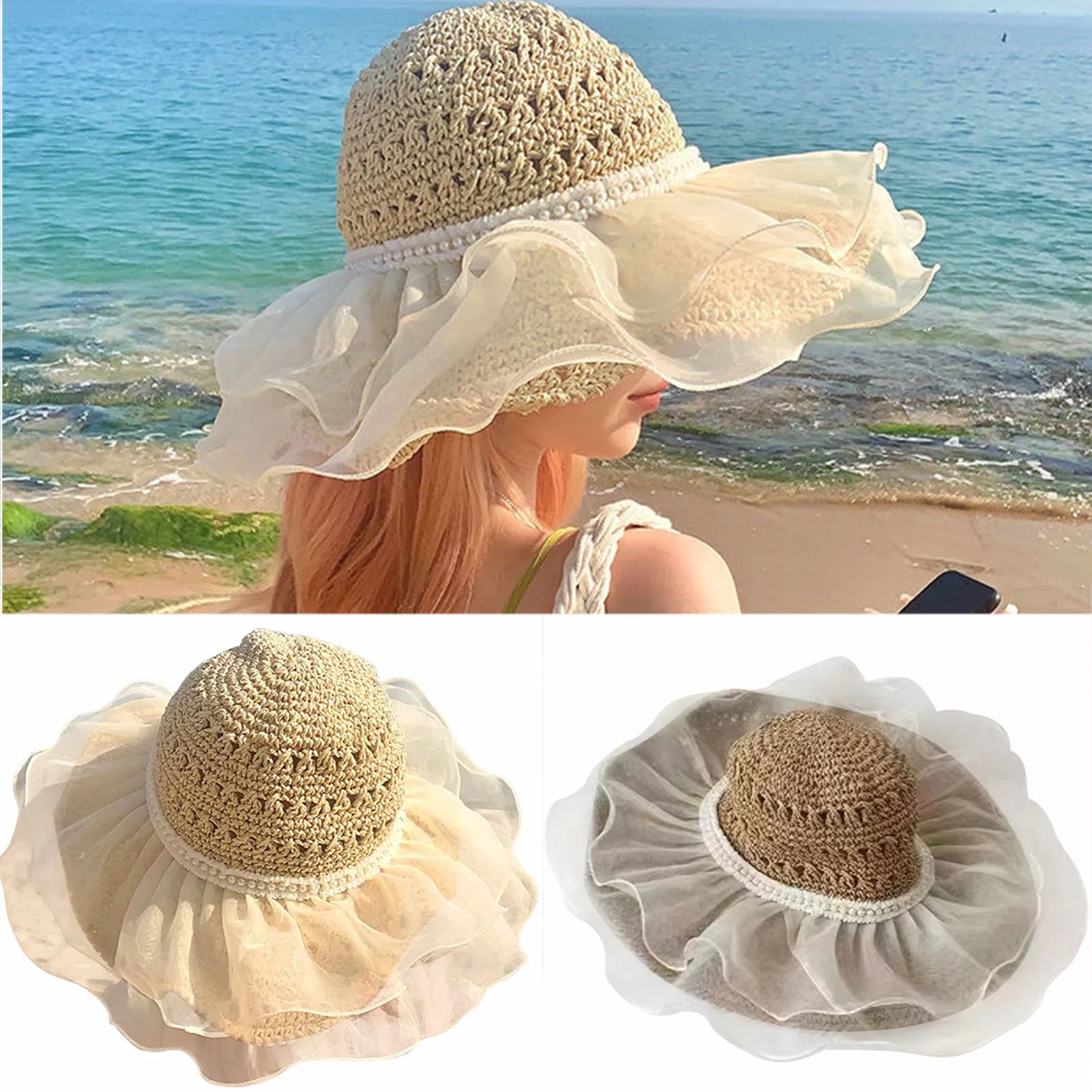 

Newly Women's Summer Straw Sun Hat Anti-UV Sunshade Large Lace Fashion Beach Caps for Outdoor Travel Photography