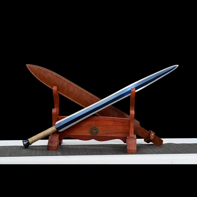 Blue Sword With PU Sheath Simple Replica Swords Full Tang Art Props High Manganese Steel No Sharp view 2