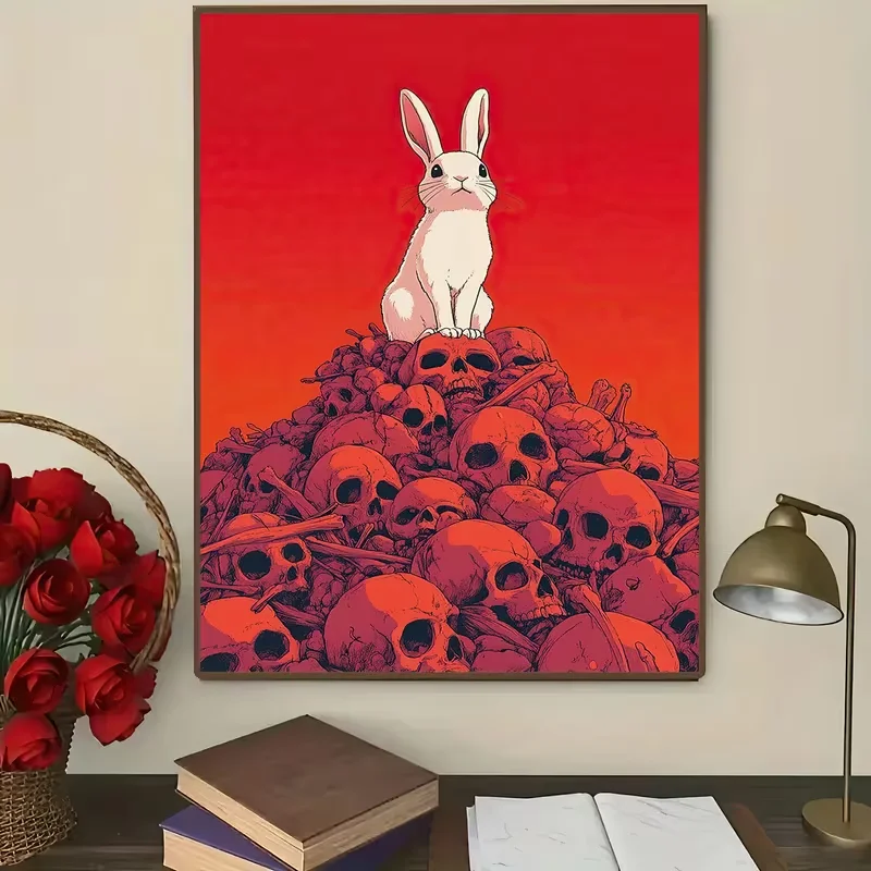 2D Flat, 1pc Skull Stack with White Rabbit  Canvas Printing, Dark Fantasy Creative Wall Art, Modern Home Wall Art, Canvas Pos