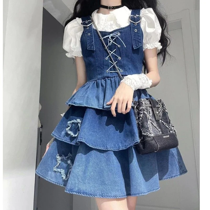 Hikigawa Chic Fashion Lace Women Blouse+Bandage Pleated Denim Dresses+All Match Star Leg Warmer Sweet Cool Y2k 3 Sets Ropa Mujer