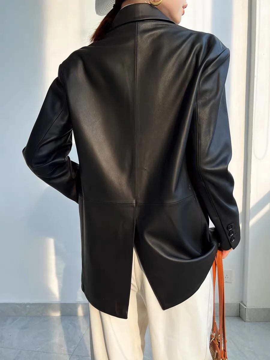 Lordly Giacca da abito in pelle di pecora di alta qualità per donna Giacca nera monopetto neutra oversize Dame Street