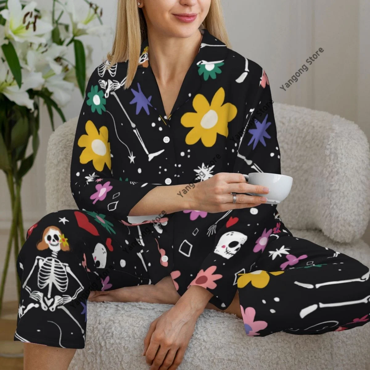 Hand Drawn Day Of Dead Skull Womens Pajamas Loungewear Two-piece Sleepwear Button-Down Full Sleeve Long Pajamas Set