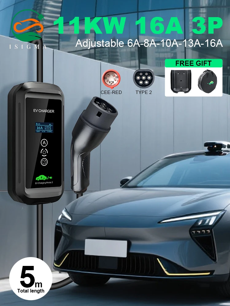 ISIGMA 16A 3P 11KW Einstellbares Tragbares EV-Ladegerät mit Zeitverzögerung 1-15 Stunden für Elektrofahrzeuge PHEV-Autos 5M Gesamtlänge