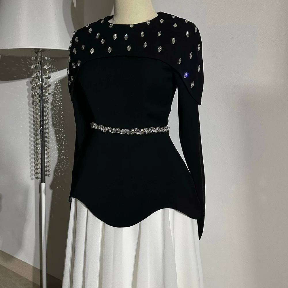 Customized A-line Evening Dresses Floor-length O-neck Full Sleeve Prom Gown Fashion Crystal Simple Draped Exquisite Party Gown