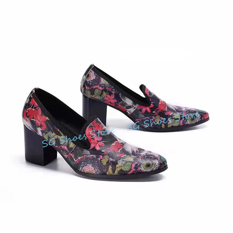 رومانسية روز يطبع مختلط اللون أحذية جلدية بدون كعب للرجال فستان حفلات الزفاف أحذية جولة تو كعب مكتنز الذكور ديربي الأحذية #4