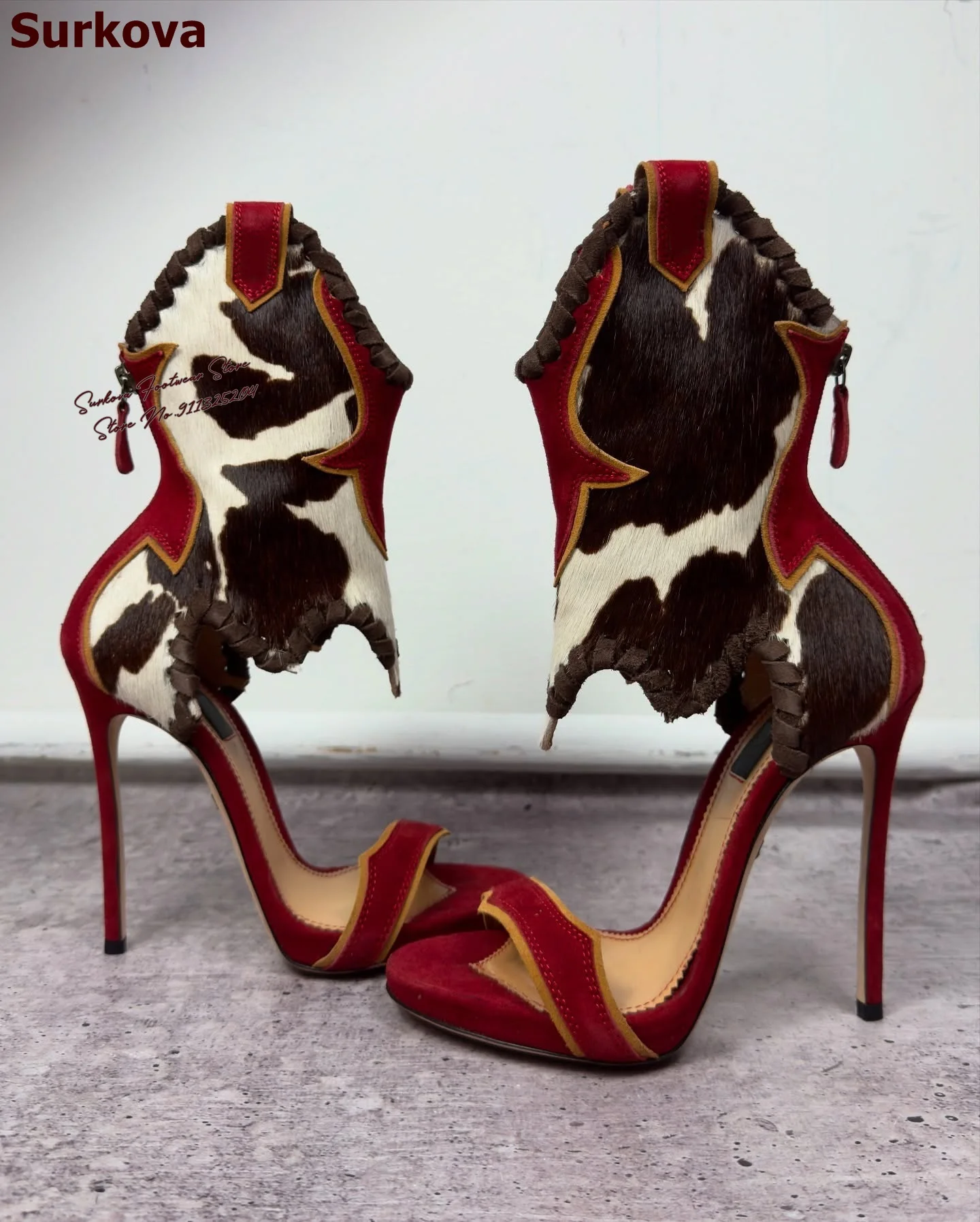 

Surkova Cow Pattern Horsehair High Heel Sandals Red White Black Color Patchwork Braided Summer Booties Single Band Elegant Shoes